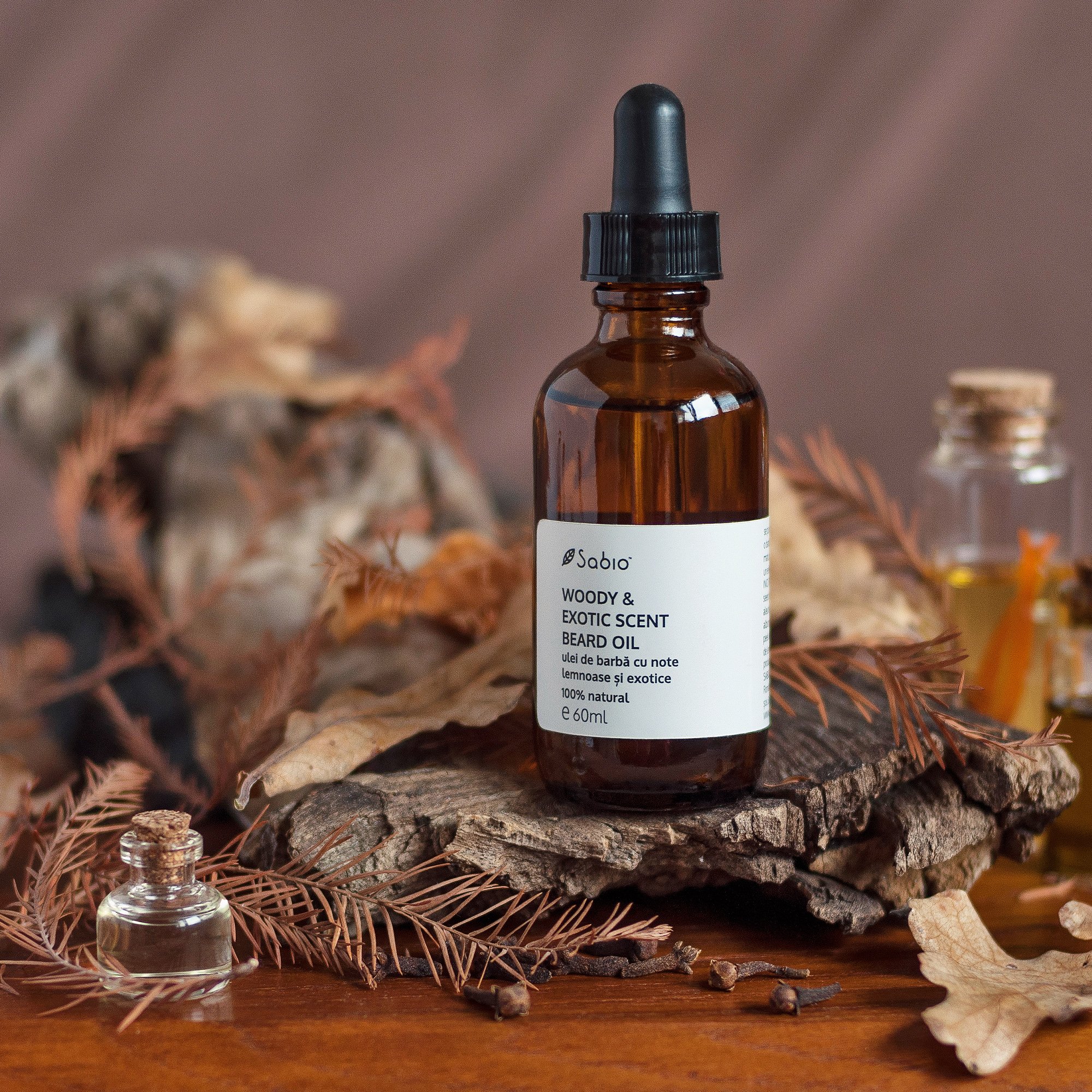 Beard oil with woody and exotic notes